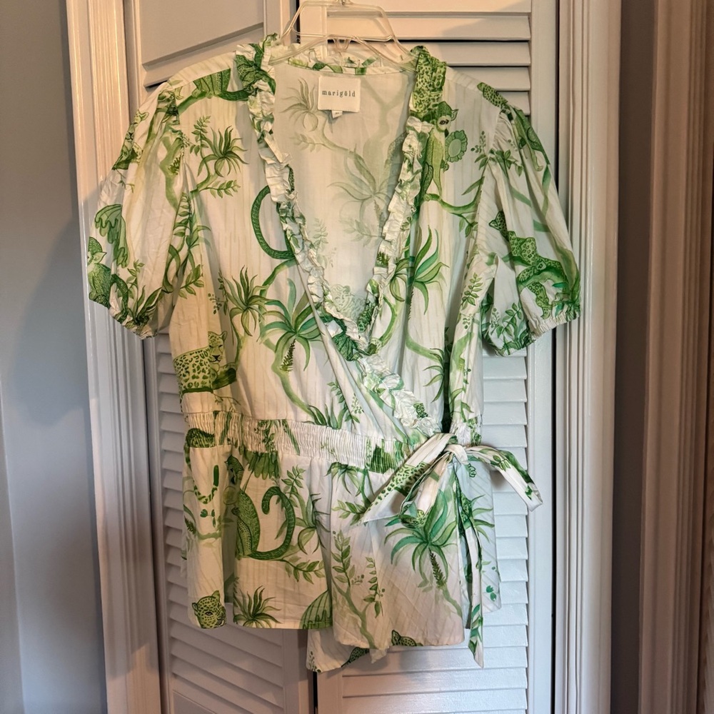 Marigold by Victoria Dunn - Green and White Jungle Print Wrap Blouse